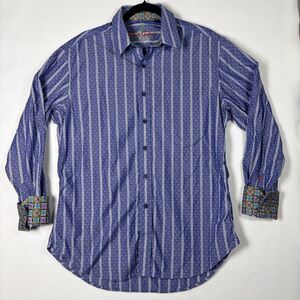 Robert Graham Shirt Mens Large Blue Paisley Striped LS Button Down Flip Cuff L
